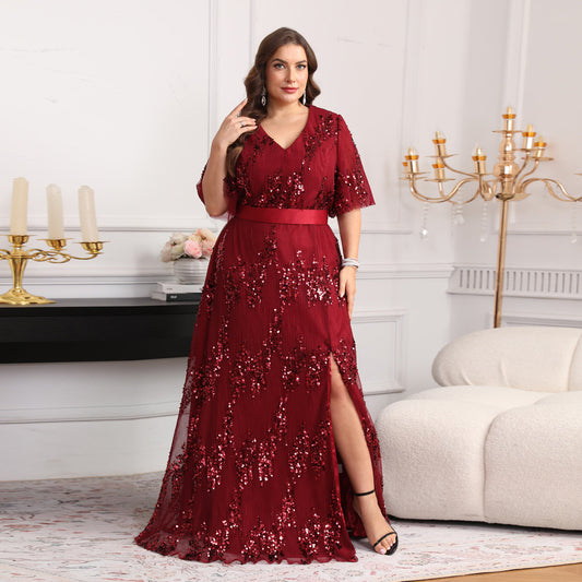Sparkly Luxury Wine Red Sequin Side-Slit Evening Dress SF626
