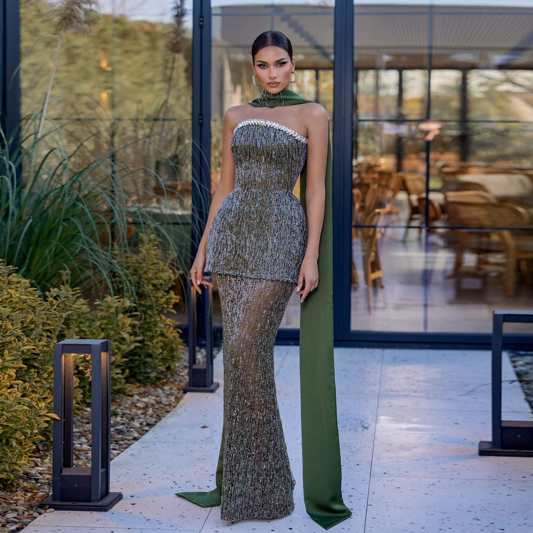 Glamorous Green Strapless Beaded Sequin Evening Dress with Scarf SS781