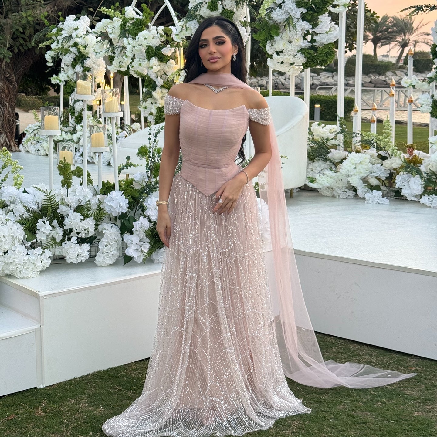 Romantic Beaded Pink Off Shoulder Evening Dress with Scarf SS766