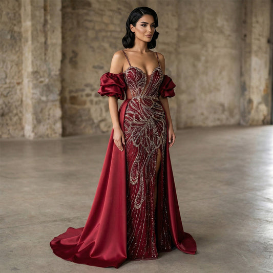 Luxury Lilac High-Slit Beaded Cape Evening Dress with Cap Sleeves SS157
