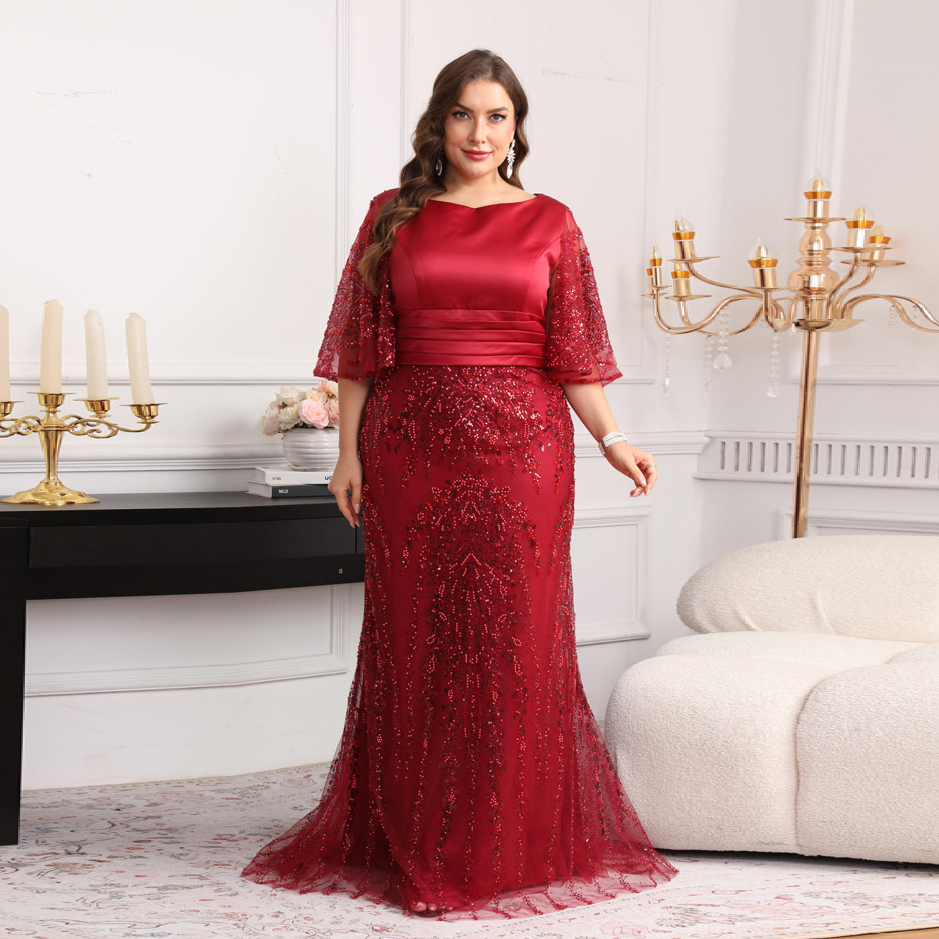 Glamorous Wine Red Sequin Beaded Half-Sleeve Evening Dress SF628