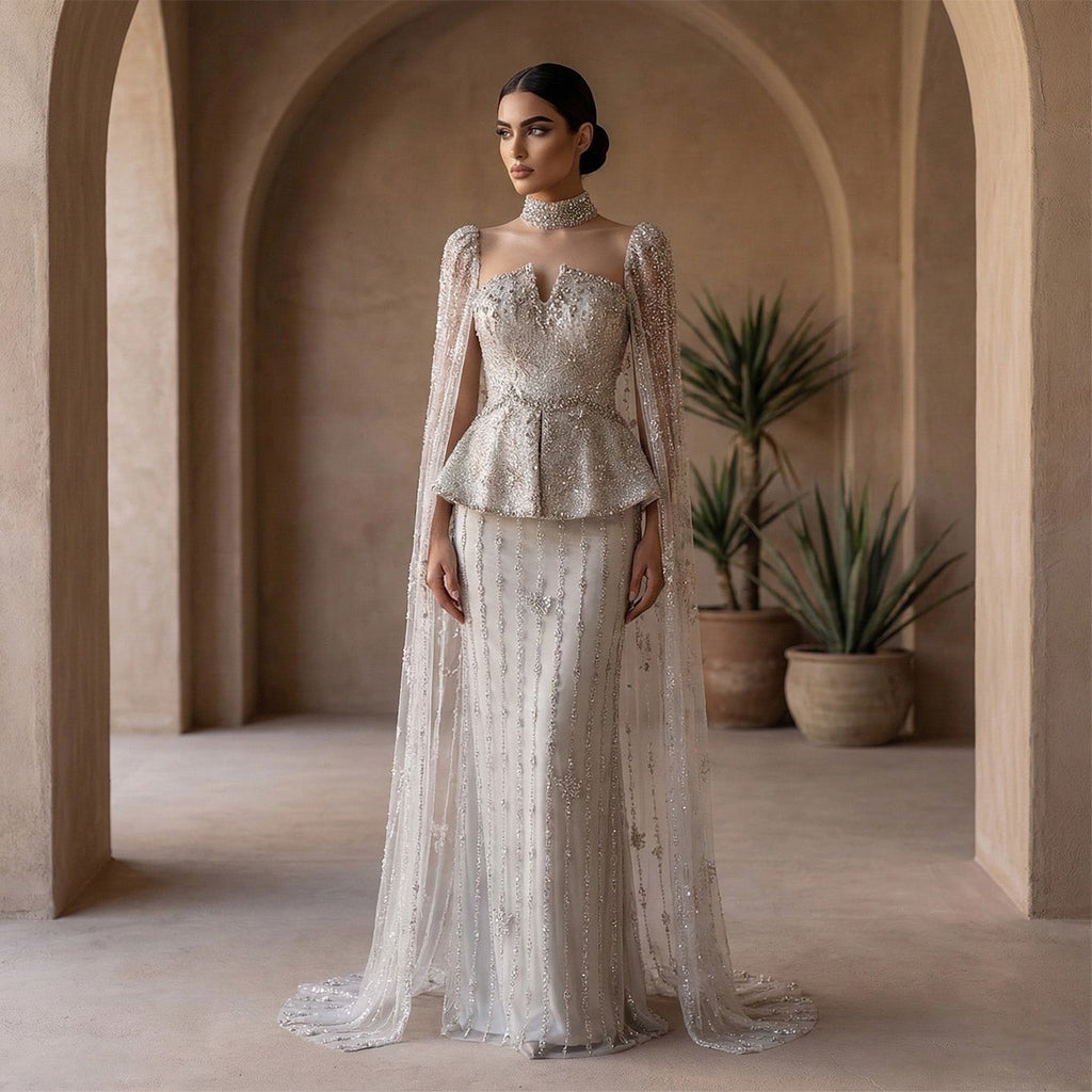 Glamorous Silver High Neck Sheer Evening Dress with Cape Sleeves SS531
