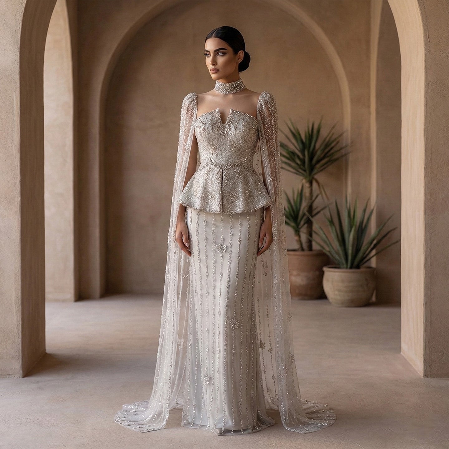 Glamorous Silver High Neck Sheer Evening Dress with Cape Sleeves SS531