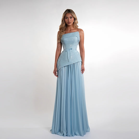 Elegant Blue Strapless Sequin Evening Dress SF097
