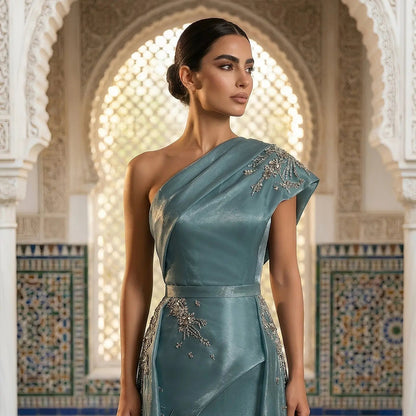 Glamorous Turquoise One-Shoulder Crystal Evening Dress with Overskirt SS600