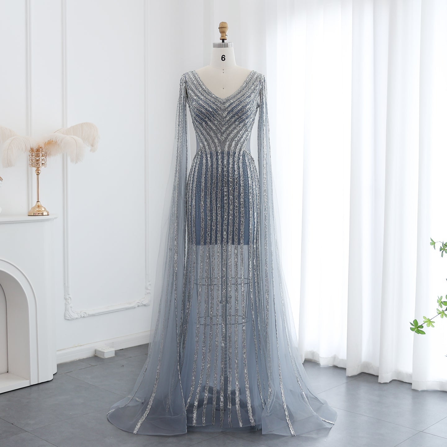 Luxury Beaded Blue V-Neck Mermaid Evening Dress with Cape Sleeves SS251