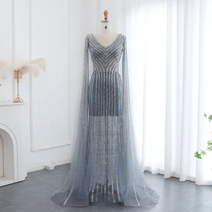 Luxury Beaded Blue Evening Dress with Cape Sleeves SS251