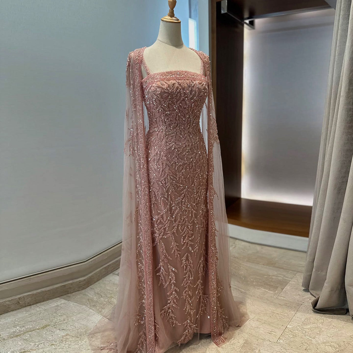 Luxury Crystal Pink Evening Dress with Cape SS393