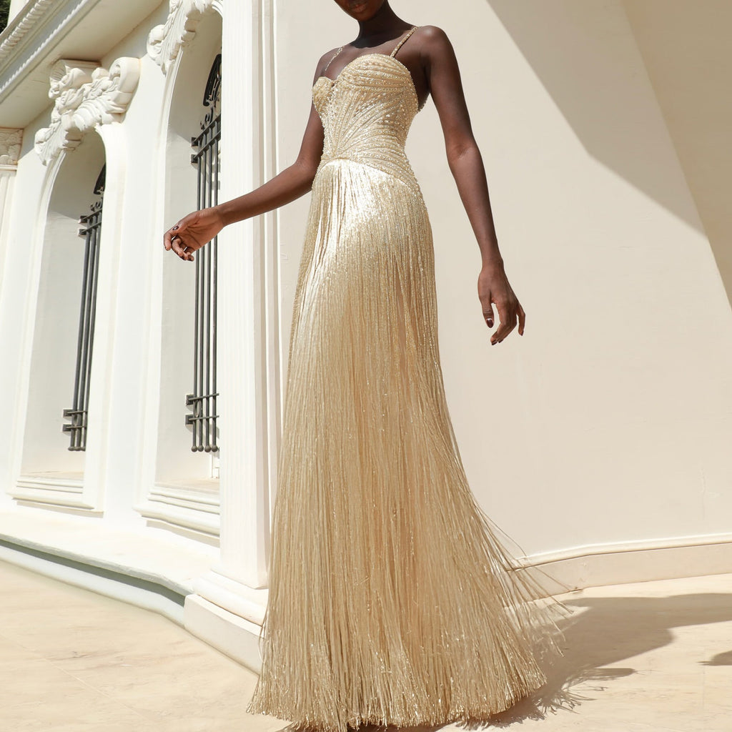Luxury Yellow Beaded Tassel Formal Mermaid Evening Dress SS522