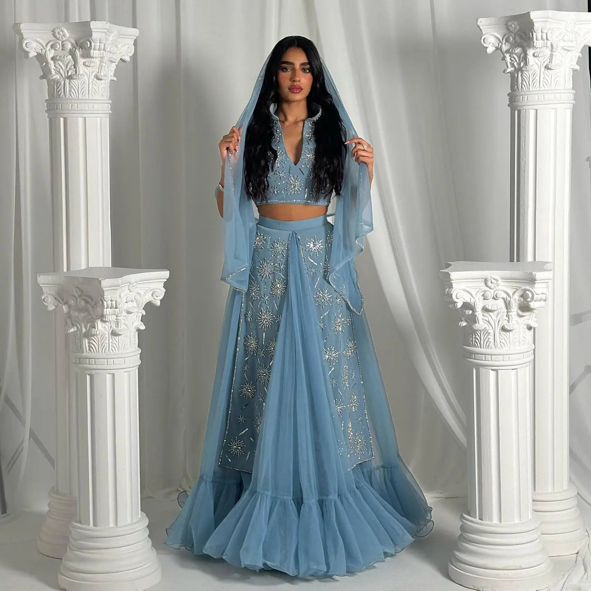 Luxury Blue Beaded 2 pieces Evening Dress with ruffles SS597