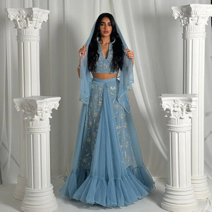 Luxury Blue Beaded 2 pieces Evening Dress with ruffles SS597