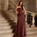 Chic Strapless Rust Red Pleated Evening Dress with Overskirt SF175
