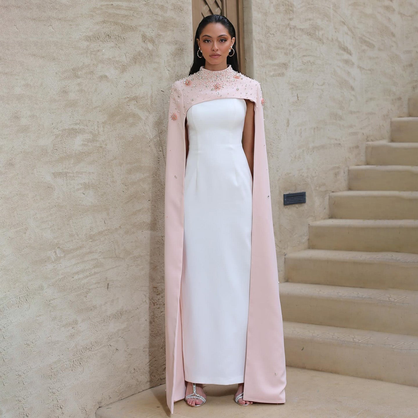 Luxury White Sheath Evening Dress with Crystal Cape SF251