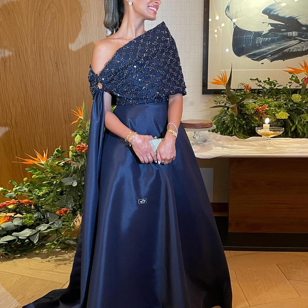 Elegant Navy Blue Off Shoulder Evening Dress with Cape SS206