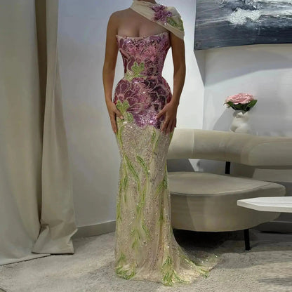 Luxury Purple Green Beaded sequin Cape Train Girls Formal  Evening Dress SS511