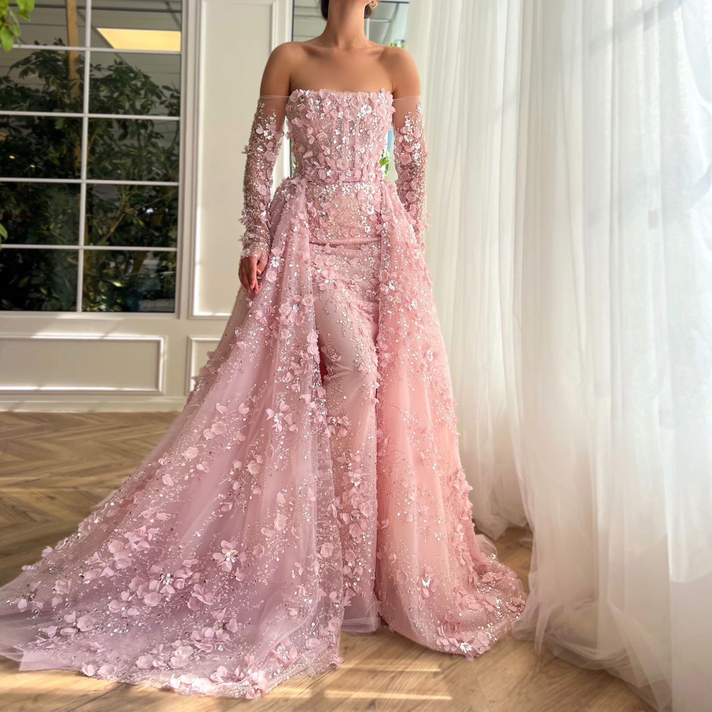 Elegant 3D Flowers Pink Evening Dress with Overskirt SS352