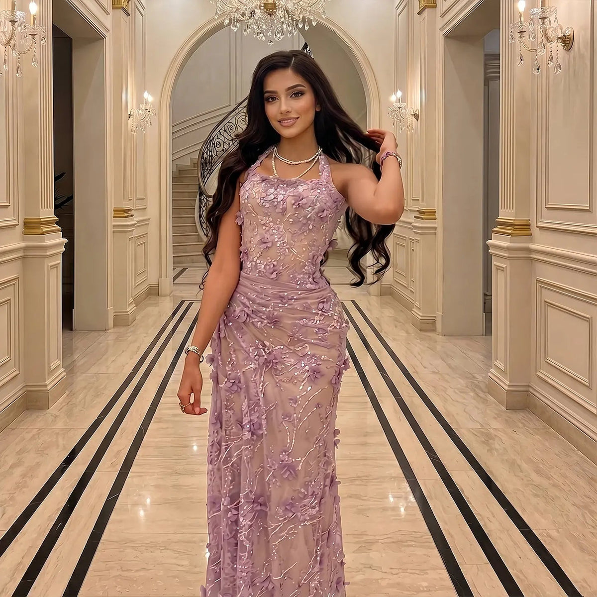 Luxury Lavender Lace Halter Evening Dress with Sequins SF524
