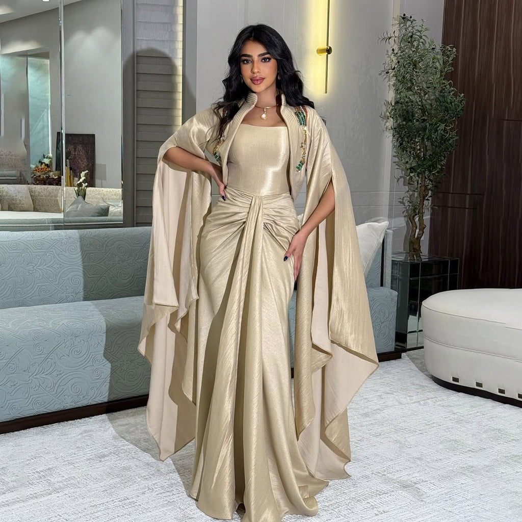 Elegant Beaded Champagne Draped Evening Dress with Cape SF198
