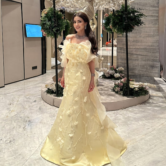 Elegant Yellow Off-the-Shoulder 3D Floral Evening Dress SS505