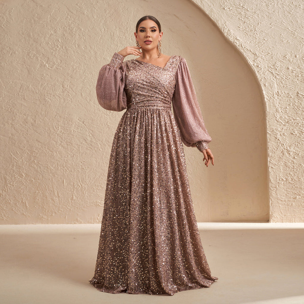 Luxury Rose Gold Sequin Puff-Sleeve Evening Dress SF605