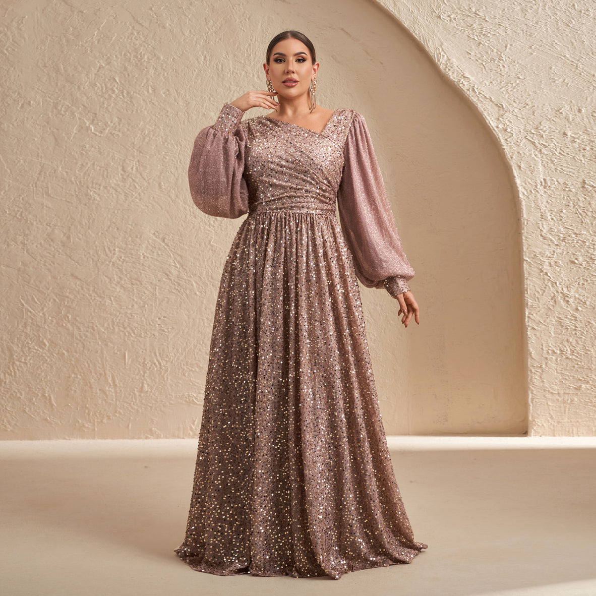 Luxury Rose Gold Sequin Puff-Sleeve Evening Dress SF605