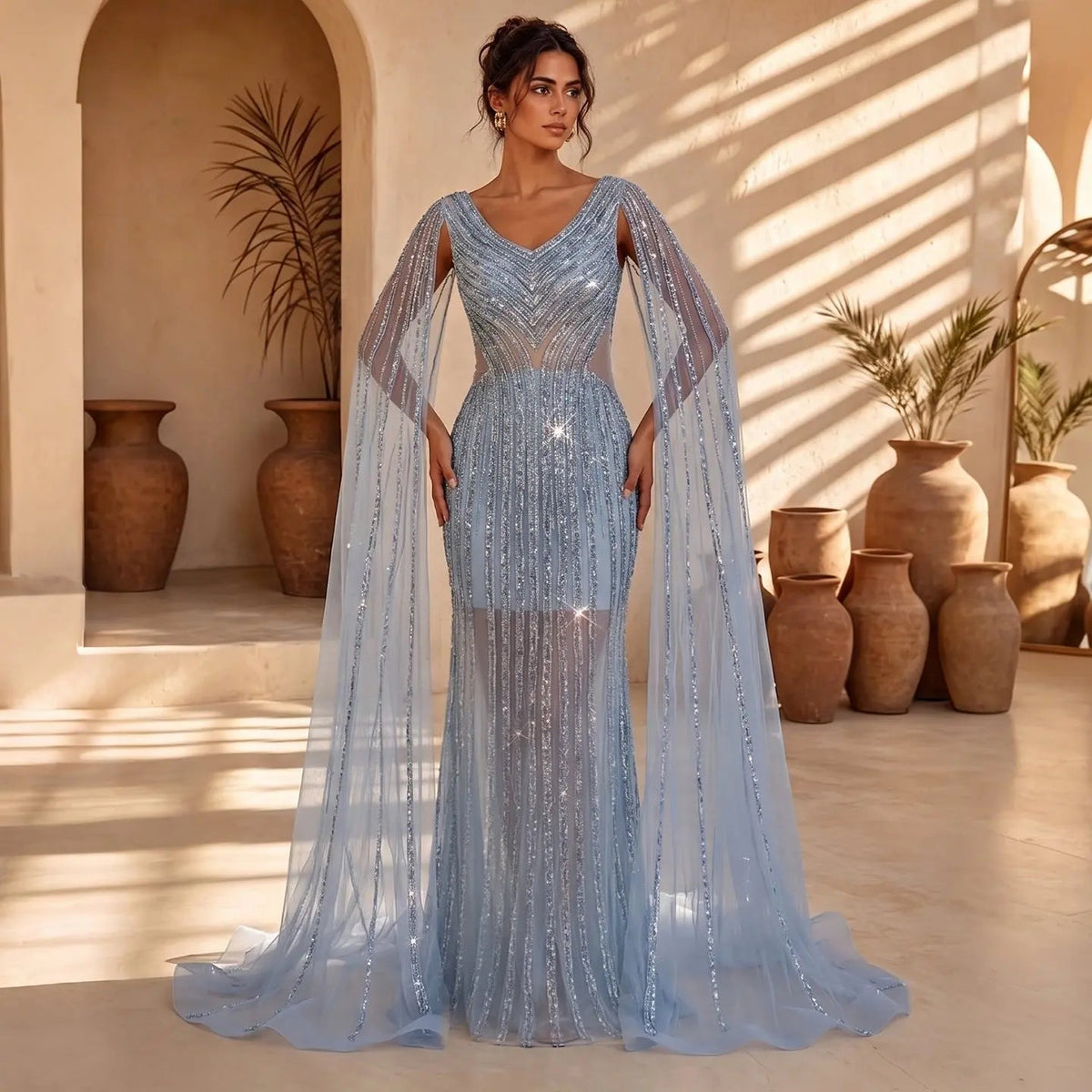 Luxury Beaded Blue Evening Dress with Cape Sleeves SS251