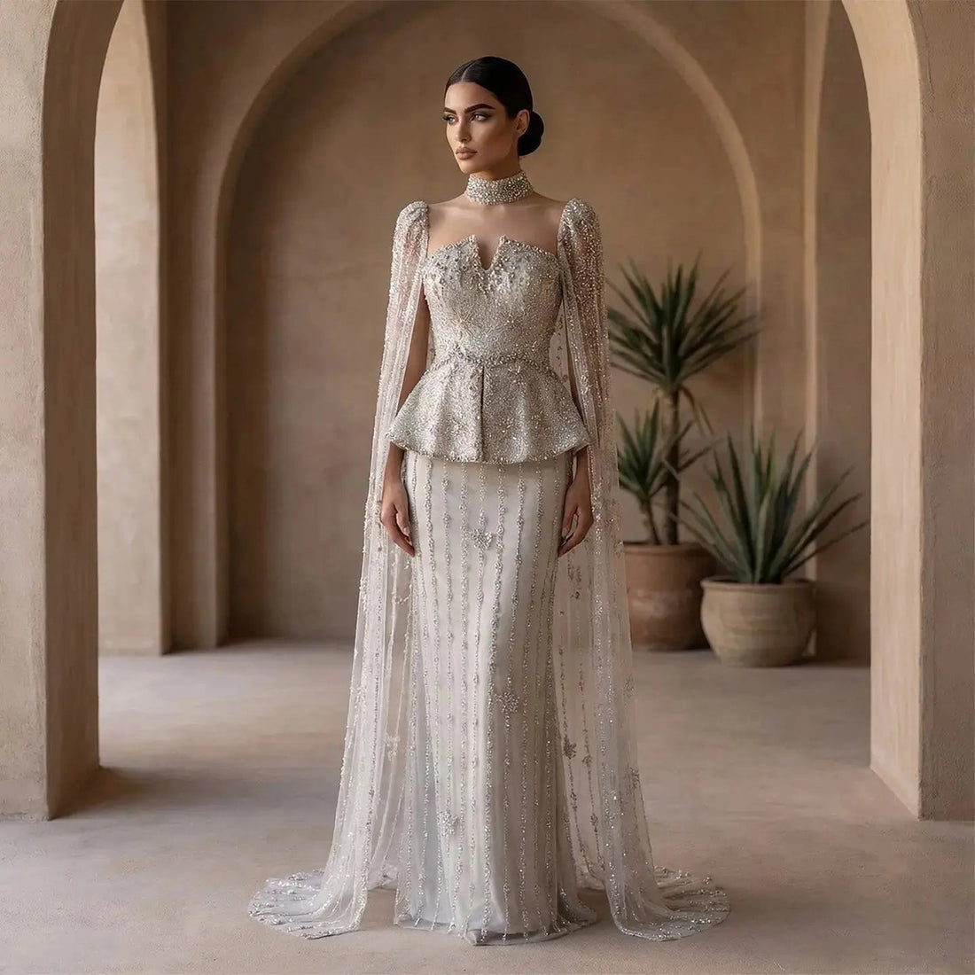 Elegant Silver High Neck Sheer Fitted Evening Dress with Cape Sleeve SS531