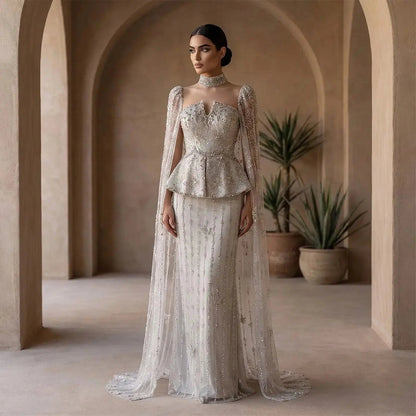 Elegant Silver High Neck Sheer Fitted Evening Dress with Cape Sleeve SS531