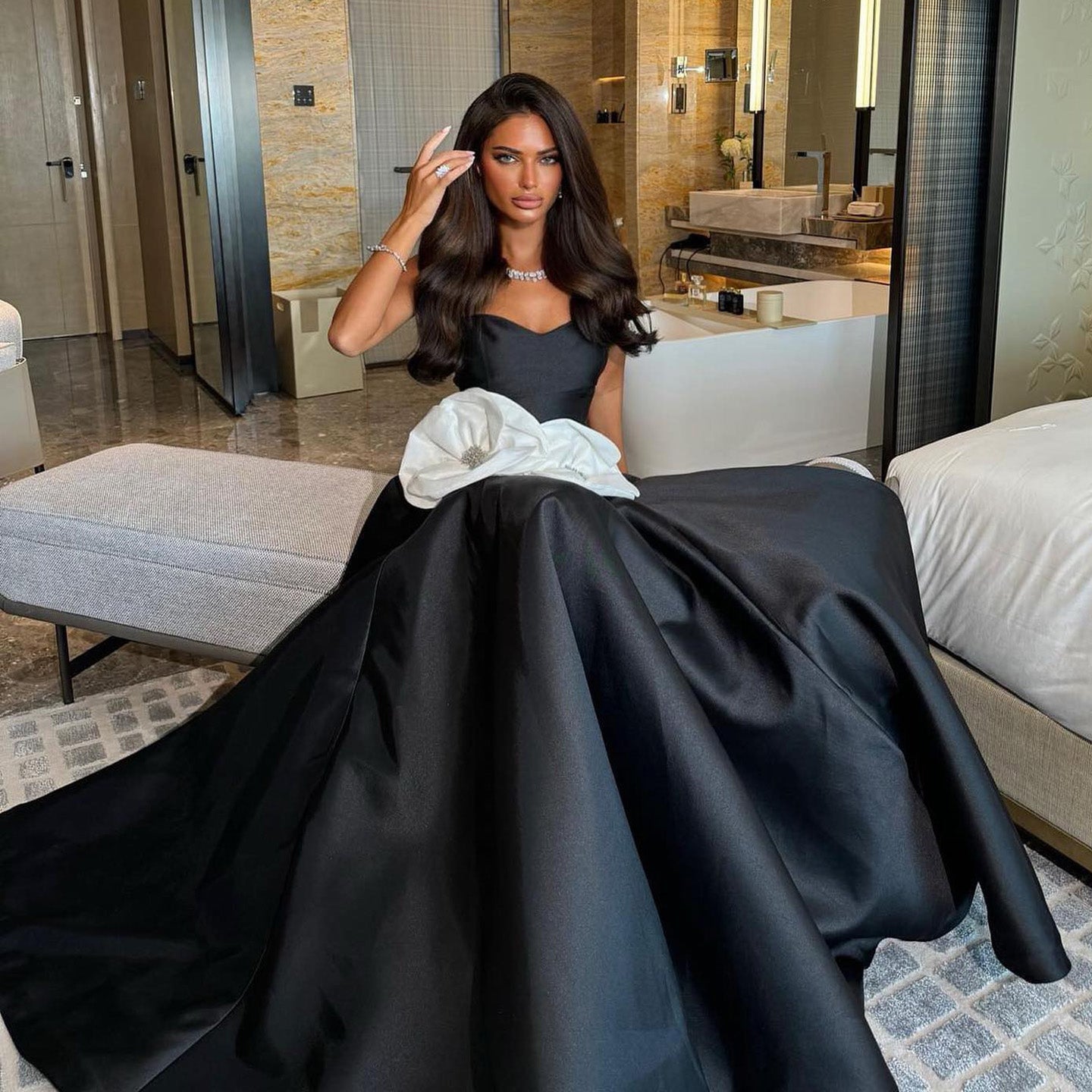 Elegant Black 3D Flowers Strapless A-Line Evening Dress SF092
