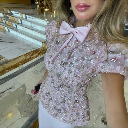 Elegant Pink Sparkling Sequin Beaded Two-Piece Evening Dress SS547