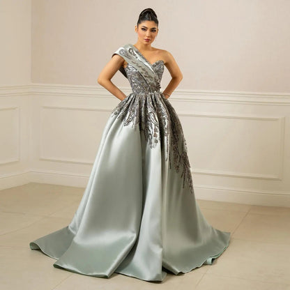 Luxury Gray One-Shoulder Embellished Crystal Evening Dress XD040