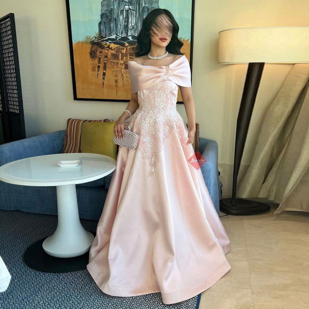 Luxury Pink 3D Floral Satin Sequin Embroidered Evening Dress XD032