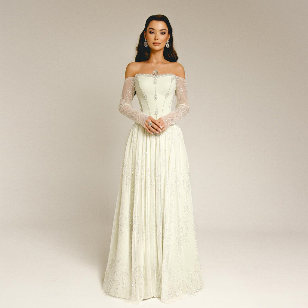 Elegant Beige Crystal Beaded Mesh Sleeve Evening Dress SS628