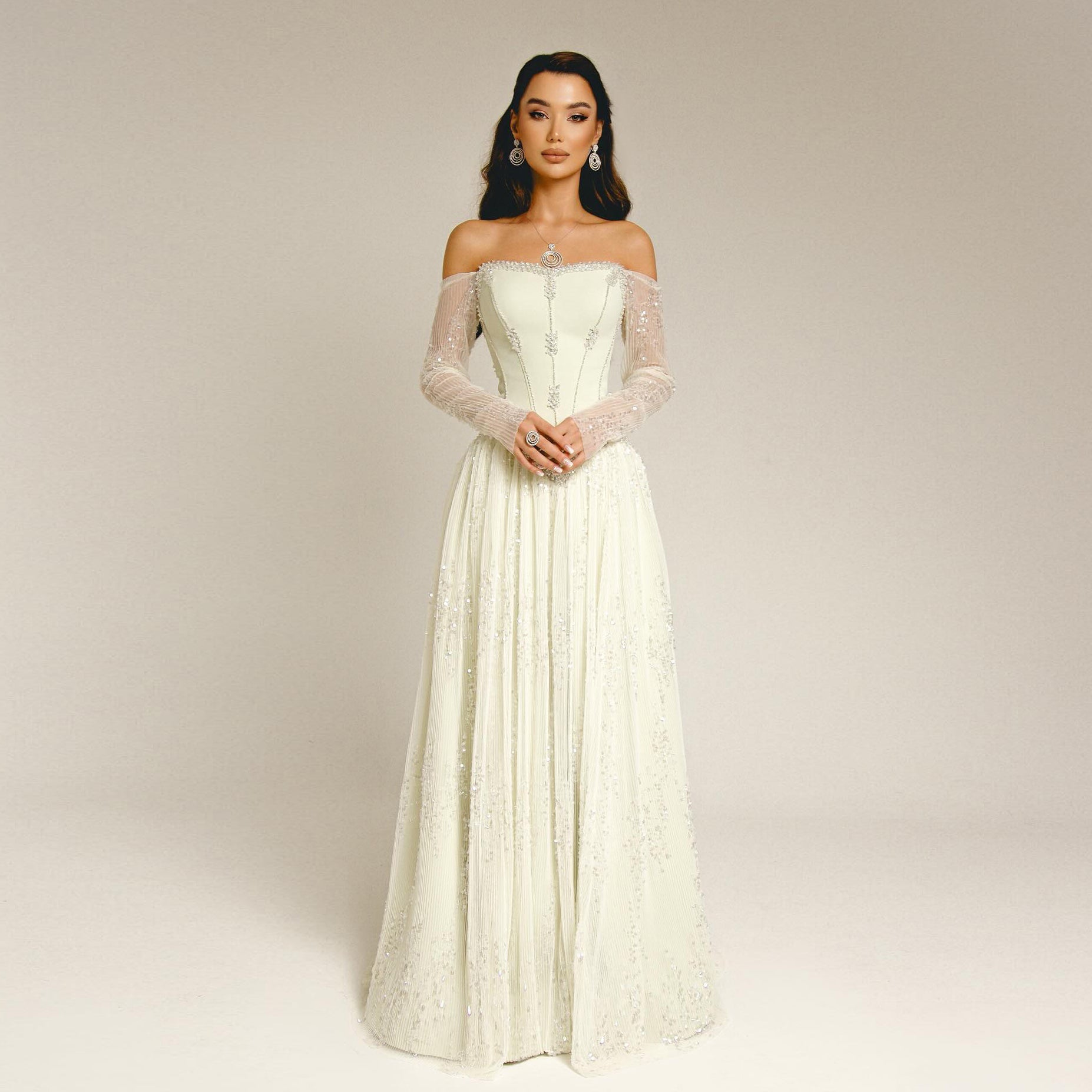 Elegant Beige Crystal Beaded Mesh Sleeve Evening Dress SS628