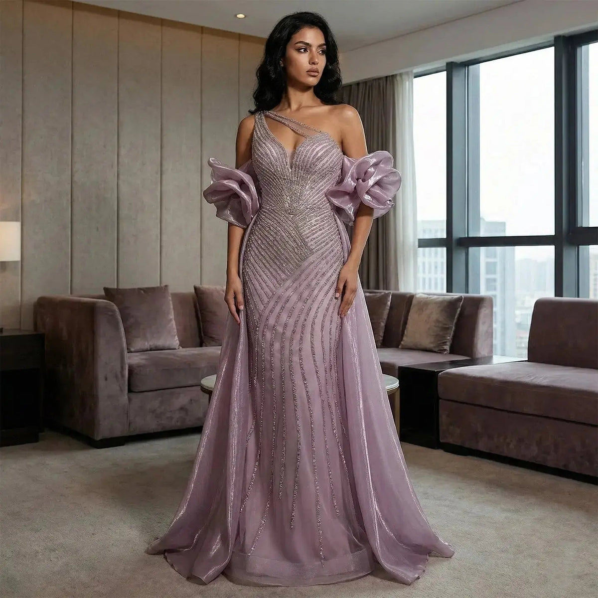 Luxury Dusty Pink Beaded One-Shoulder Fitted Evening Dress with Cape SS016