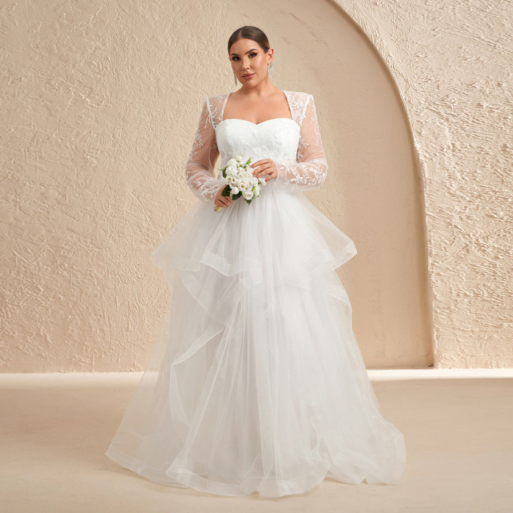 Luxury White Draped Long-Sleeve Ball Gown Wedding Dress SF603