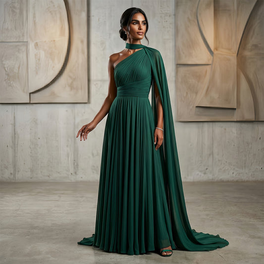 Elegant Emerald Green One-Shoulder Pleated Chiffon Evening Dress with Cap SF019A