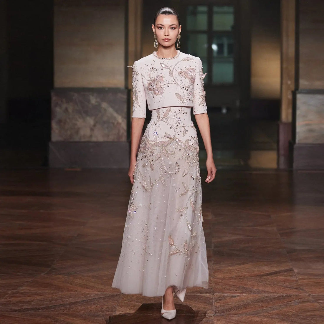 Luxury Blush Pink Crystal Short Sleeve 2 Pieces Evening Dress SS518