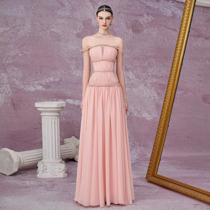 Glamorous Pink Chiffon Cape Evening Dress with Beaded Waist SF420