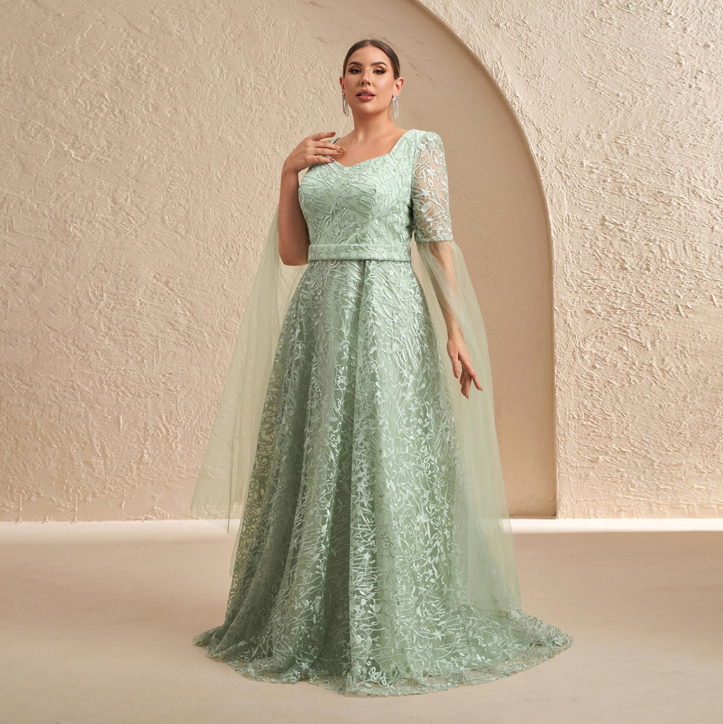 Luxury Mint Green Embroidered Prints Tulle-Sleeve Evening Dress SF619