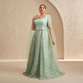 Luxury Mint Green Embroidered Prints Tulle-Sleeve Evening Dress SF619