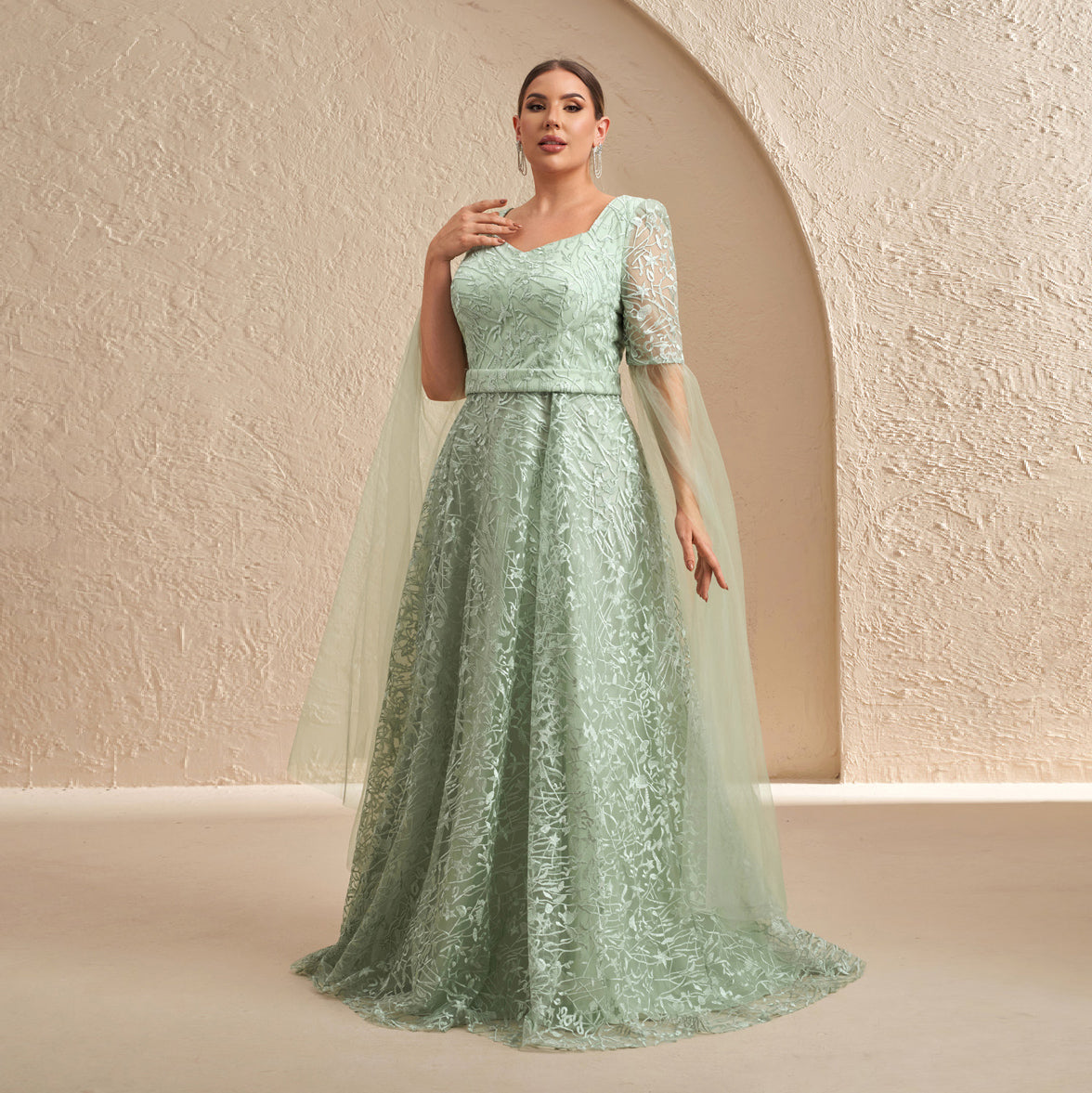 Luxury Mint Green Embroidered Prints Tulle-Sleeve Evening Dress SF619