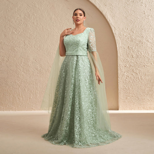 Luxury Mint Green Embroidered Prints Tulle-Sleeve Evening Dress SF619