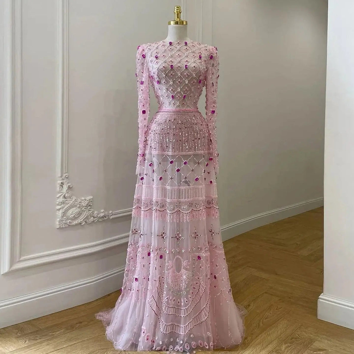 Luxury Pink Crystal Beaded Long Sleeve Embroidered Evening Dress SS220