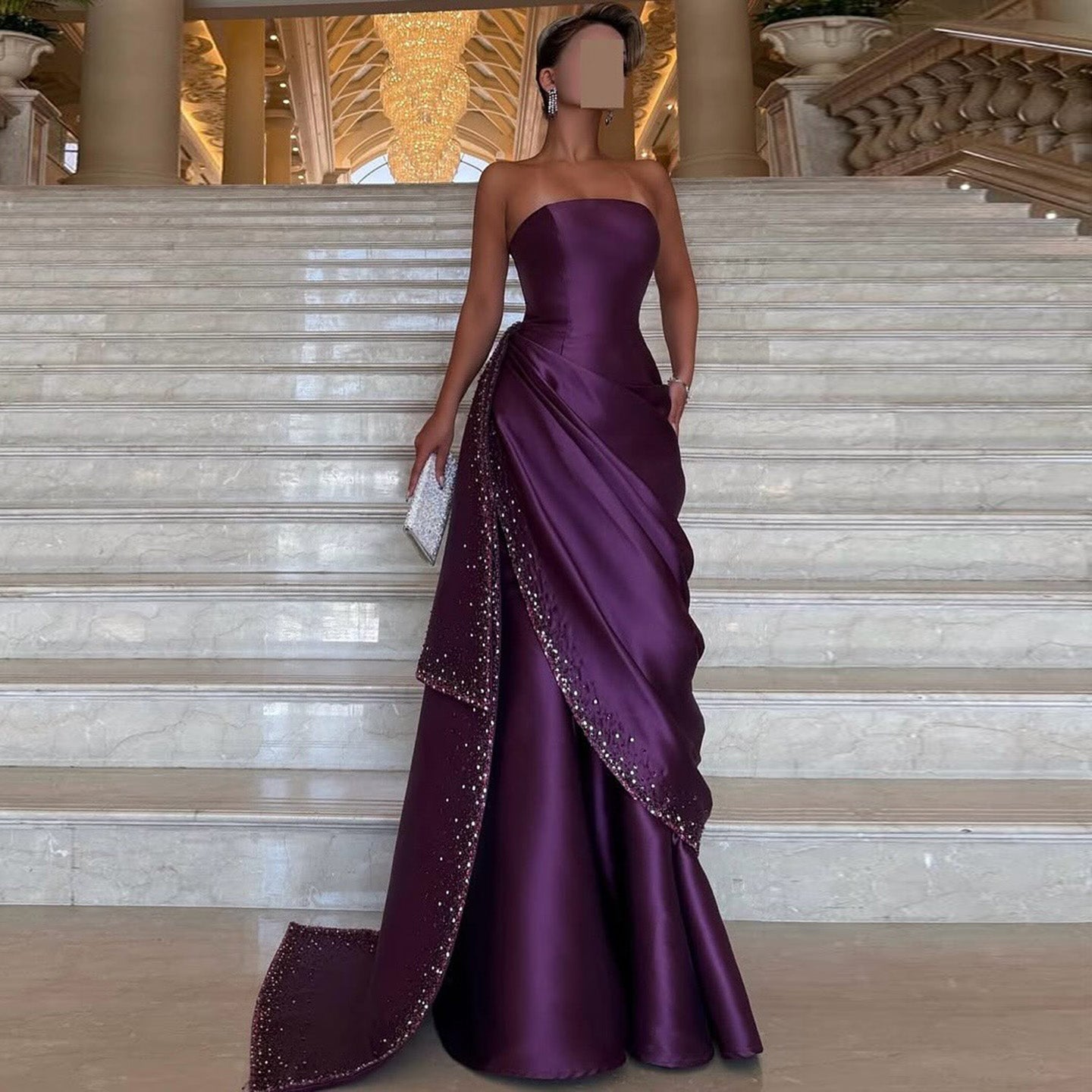Luxury Purple Ruffles Crystal Evening Dress with Overskirt SF202