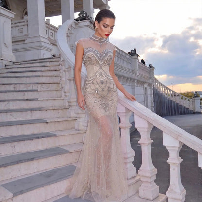 Romantic Nude Beaded Mermaid Evening Dress with High Neck Statement Collar SS380