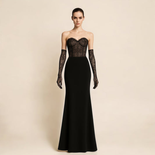Elegant Lace pattern Sweetheart Black Evening Dress with Gloves SF216