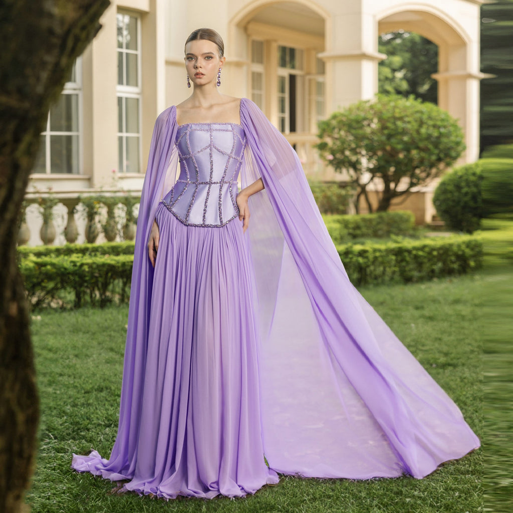 Elegant Lilac Square Neck Beaded Corset Cape Sleeve Chiffon Evening Dress SF413