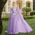 Elegant Lilac Square Neck Beaded Corset Cape Sleeve Chiffon Evening Dress SF413