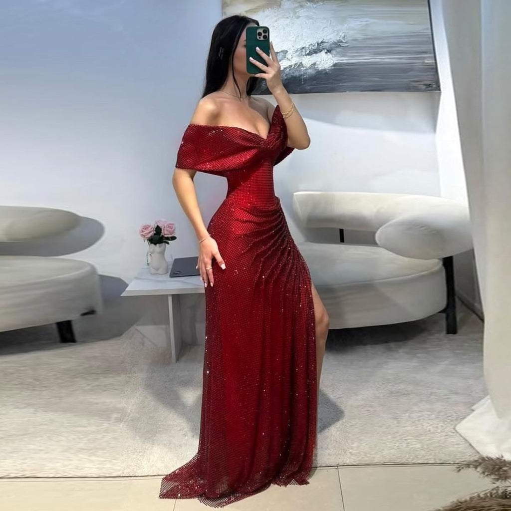 Luxury Off-the-Shoulder Ruched High-Slit Evening Dress SH570